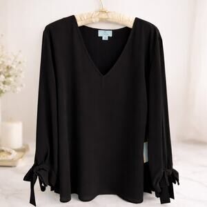 CeCe Black V-Neck Blouse Tie Sleeve 1X NWT Women's Top